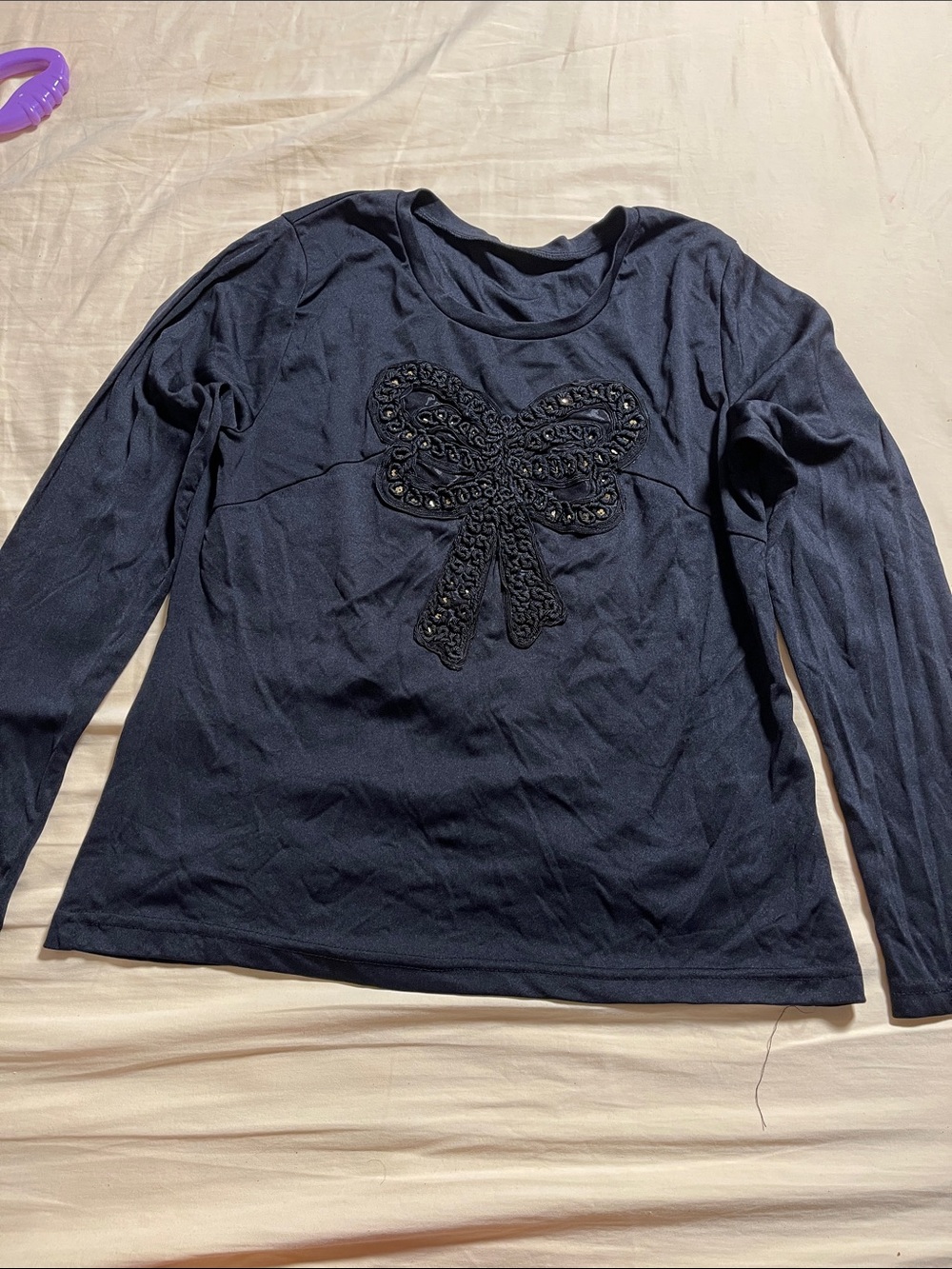 Black Long Sleeve Tee with Decorative Bow Embellishment